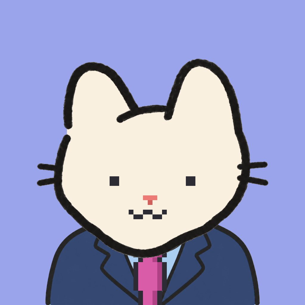 Employee #1657 — a cream cat, in a navy suit, with a magenta tie, on periwinkle