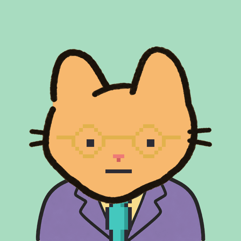 Employee #1658 — a tabby cat, in a lavender suit, with a teal tie, wearing round-gold glasses, on mint