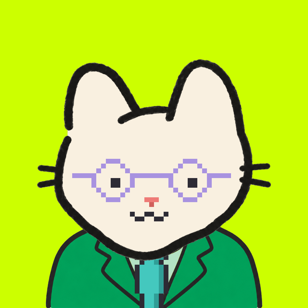 Employee #1659 — a cream cat, in a green suit, with a teal tie, wearing round-lavender glasses, on volt