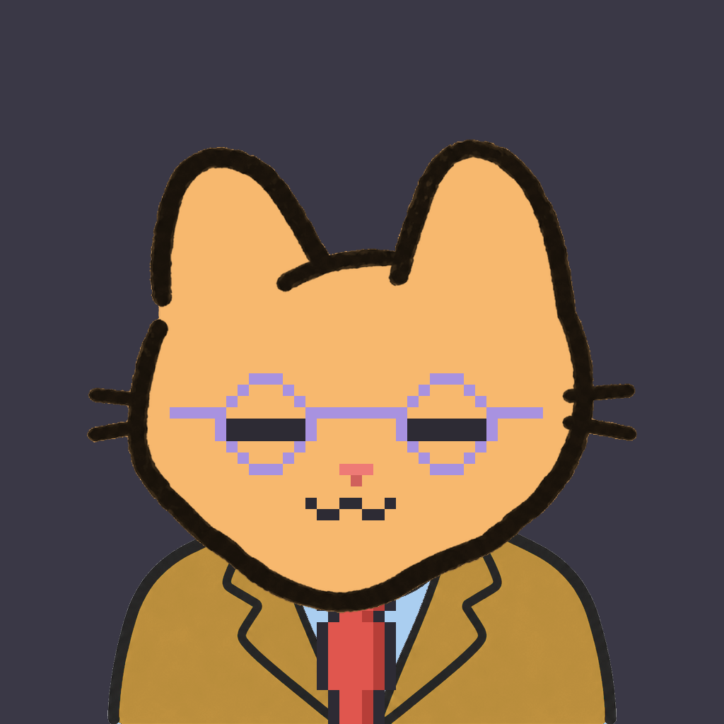 Employee #0166 — a tabby cat, in a mustard suit, with a red tie, wearing round-lavender glasses, on charcoal