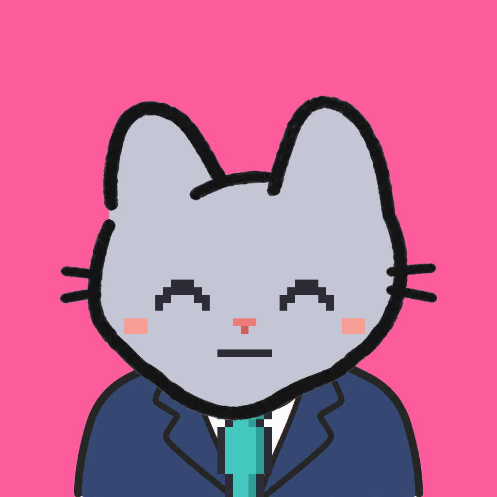 Employee #1660 — a gray cat, in a navy suit, with a teal tie, on hot pink