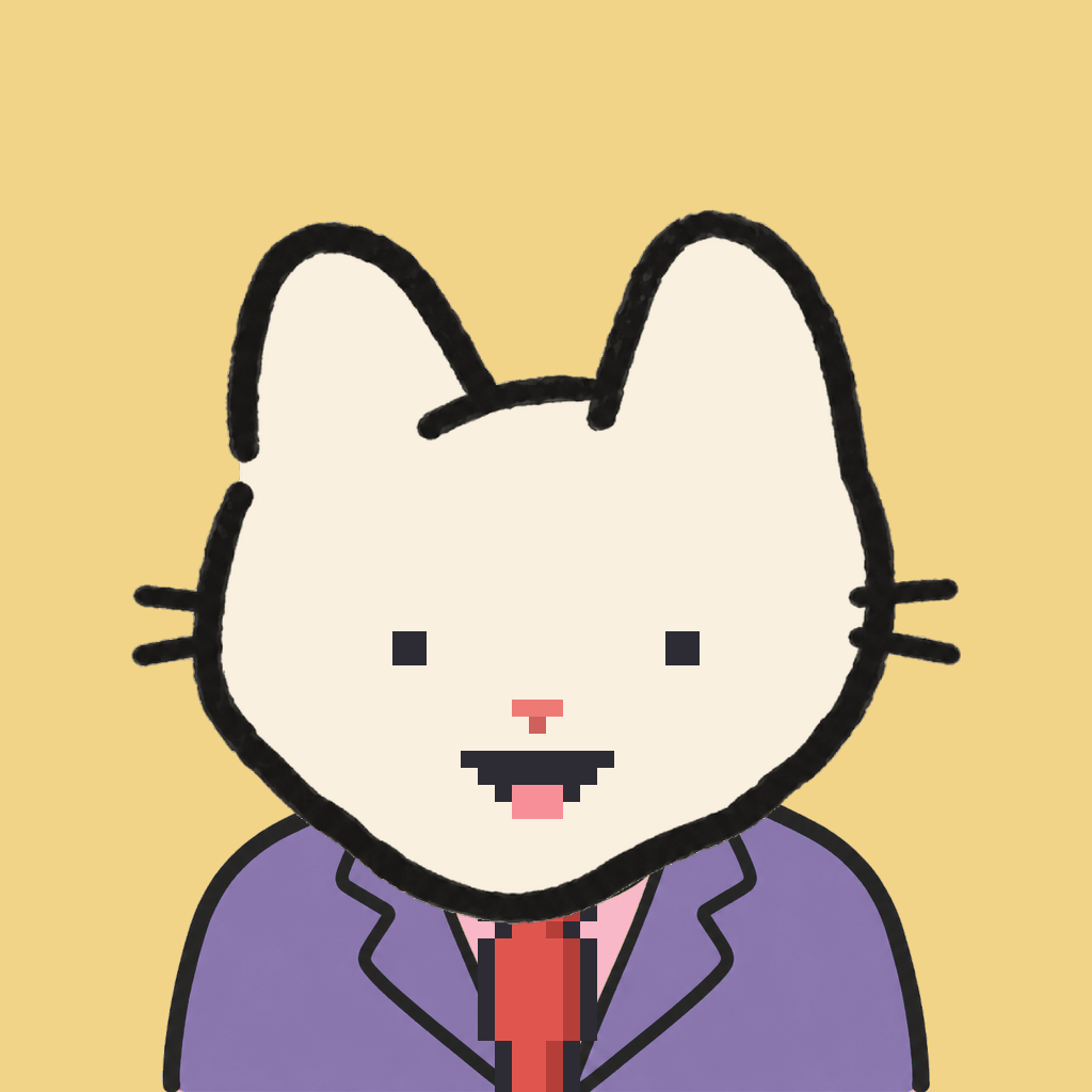Employee #1661 — a cream cat, in a lavender suit, with a red tie, on butter