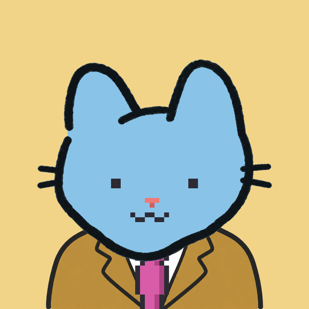 Employee #1663 — a sky cat, in a mustard suit, with a magenta tie, on butter