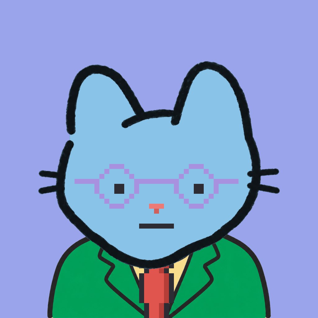 Employee #1664 — a sky cat, in a green suit, with a red tie, wearing round-lavender glasses, on periwinkle