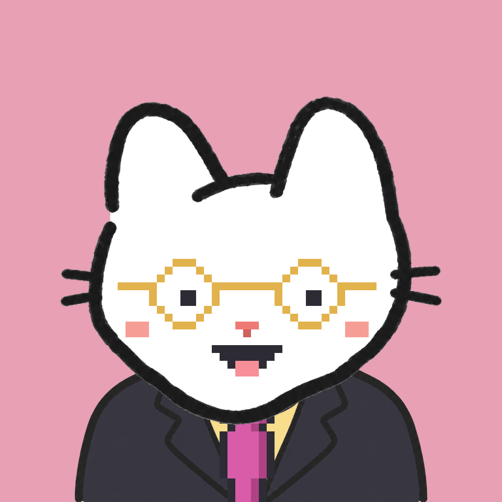 Employee #1665 — a white cat, in a black suit, with a magenta tie, wearing round-gold glasses, on rose