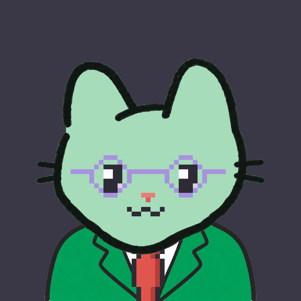 Employee #1666 — a mint cat, in a green suit, with a red tie, wearing round-lavender glasses, on charcoal