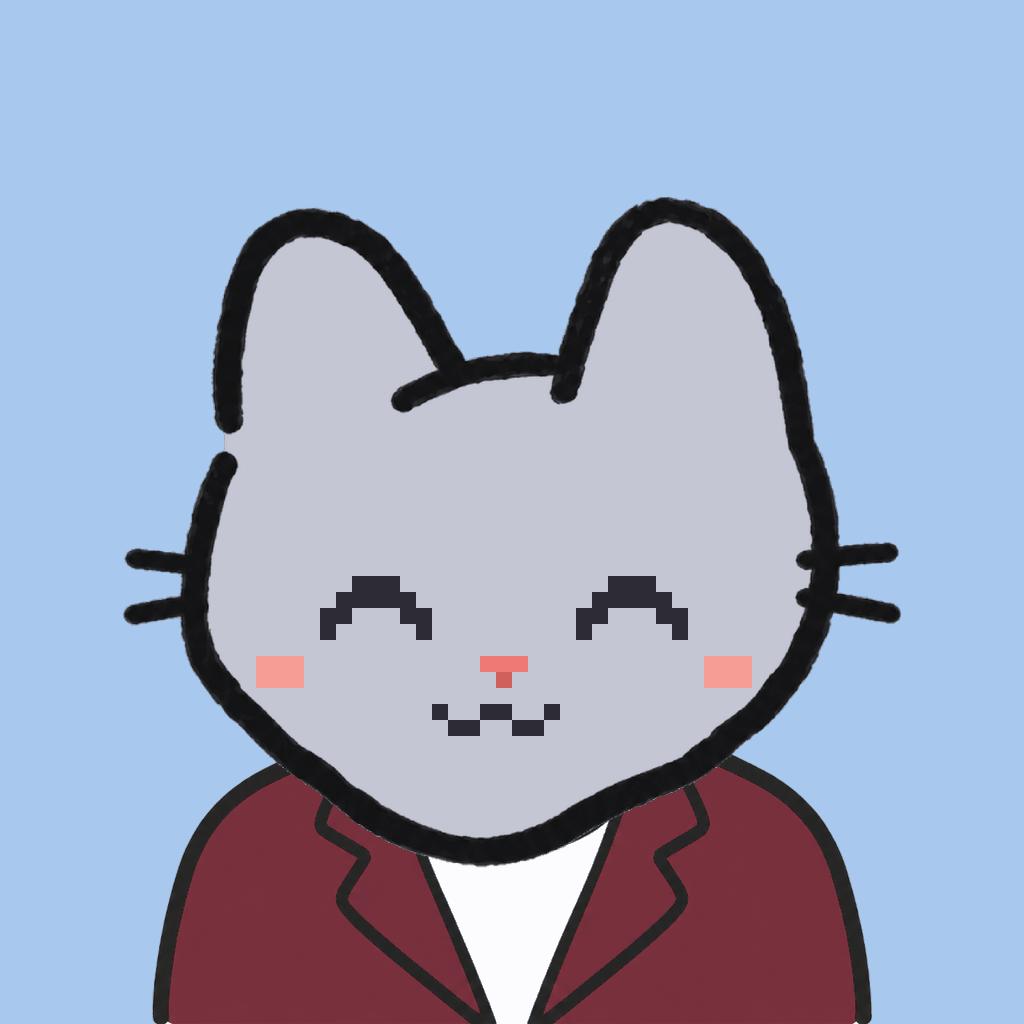 Employee #1667 — a gray cat, in a burgundy suit, on sky