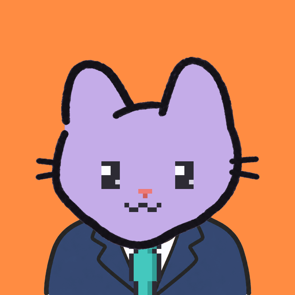 Employee #1668 — a lavender cat, in a navy suit, with a teal tie, on tangerine