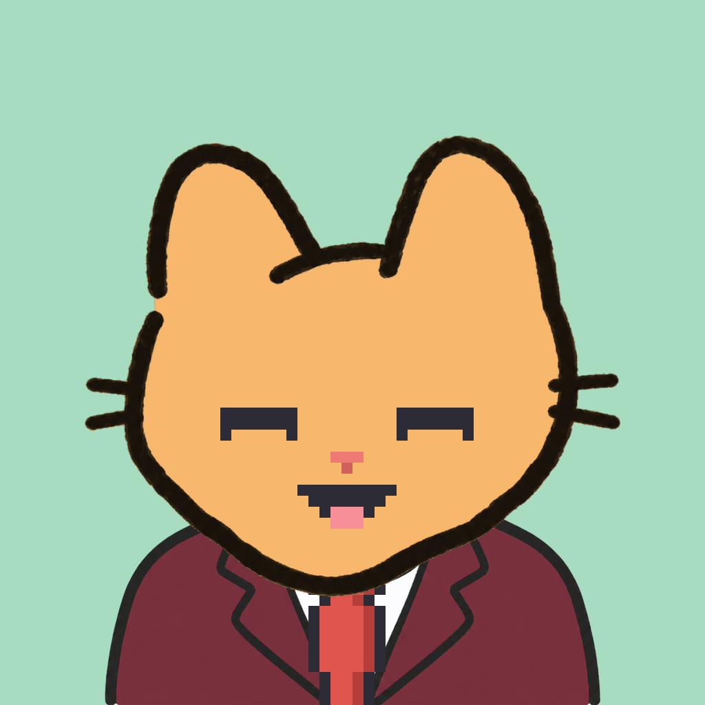 Employee #1669 — a tabby cat, in a burgundy suit, with a red tie, on mint