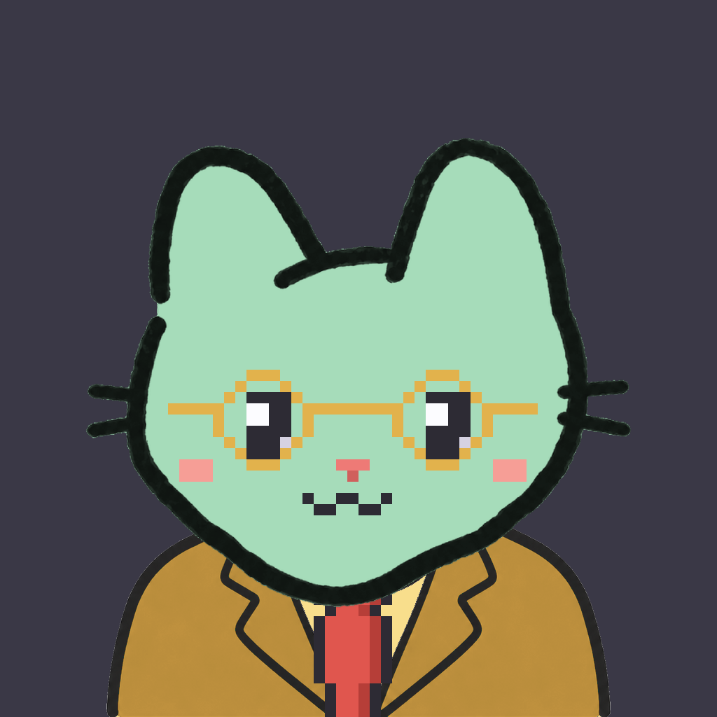 Employee #0167 — a mint cat, in a mustard suit, with a red tie, wearing round-gold glasses, on charcoal
