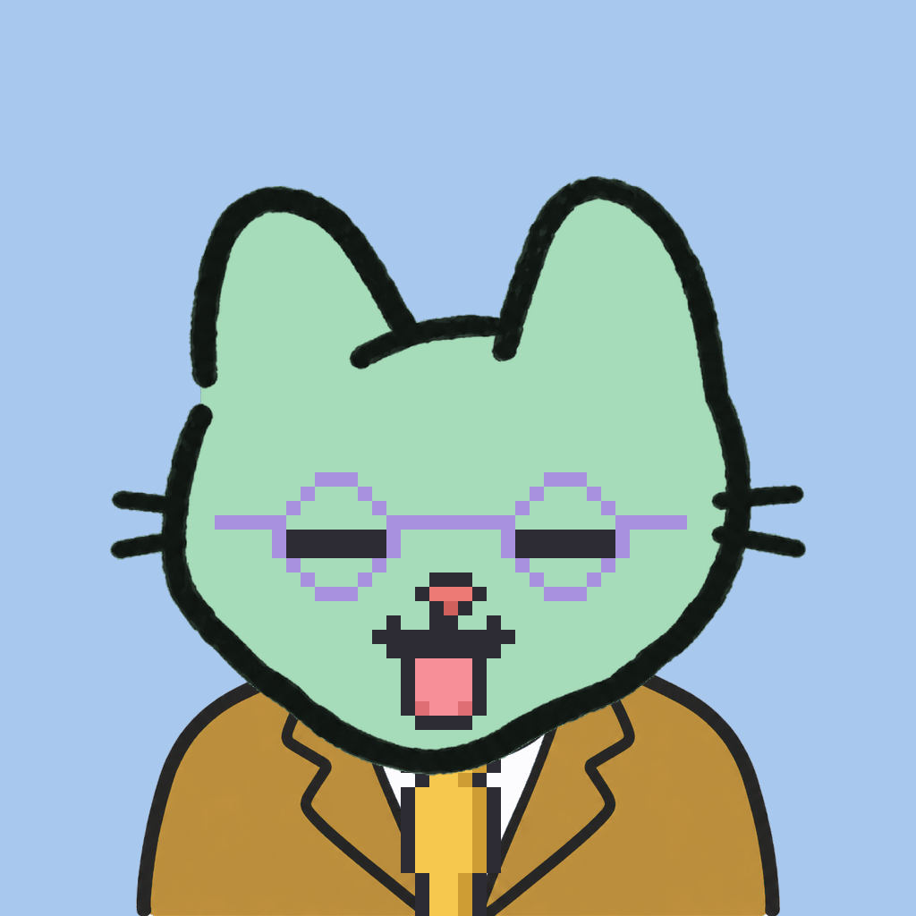 Employee #1670 — a mint cat, in a mustard suit, with a gold tie, wearing round-lavender glasses, on sky