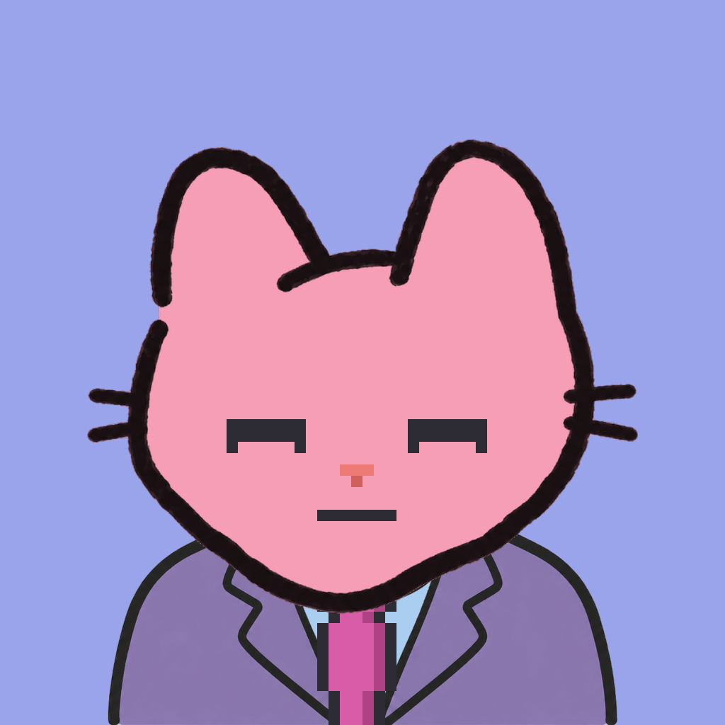 Employee #1671 — a pink cat, in a lavender suit, with a magenta tie, on periwinkle
