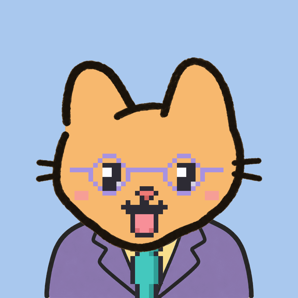 Employee #1672 — a tabby cat, in a lavender suit, with a teal tie, wearing round-lavender glasses, on sky