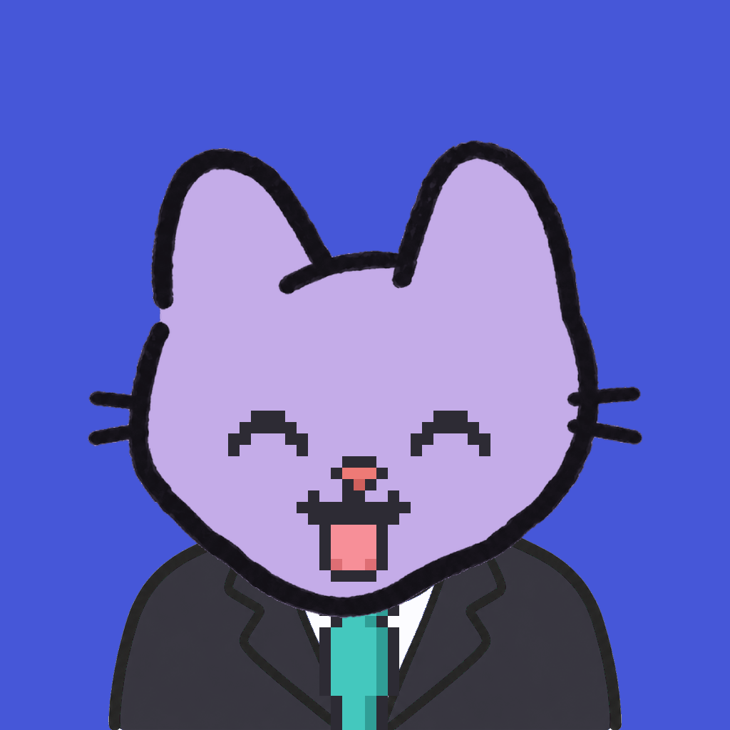 Employee #1673 — a lavender cat, in a black suit, with a teal tie, on royal