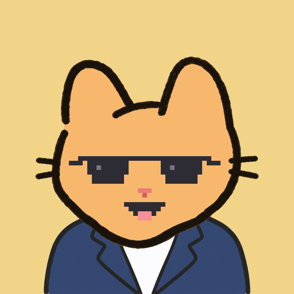 Employee #1674 — a tabby cat, in a navy suit, wearing shades glasses, on butter