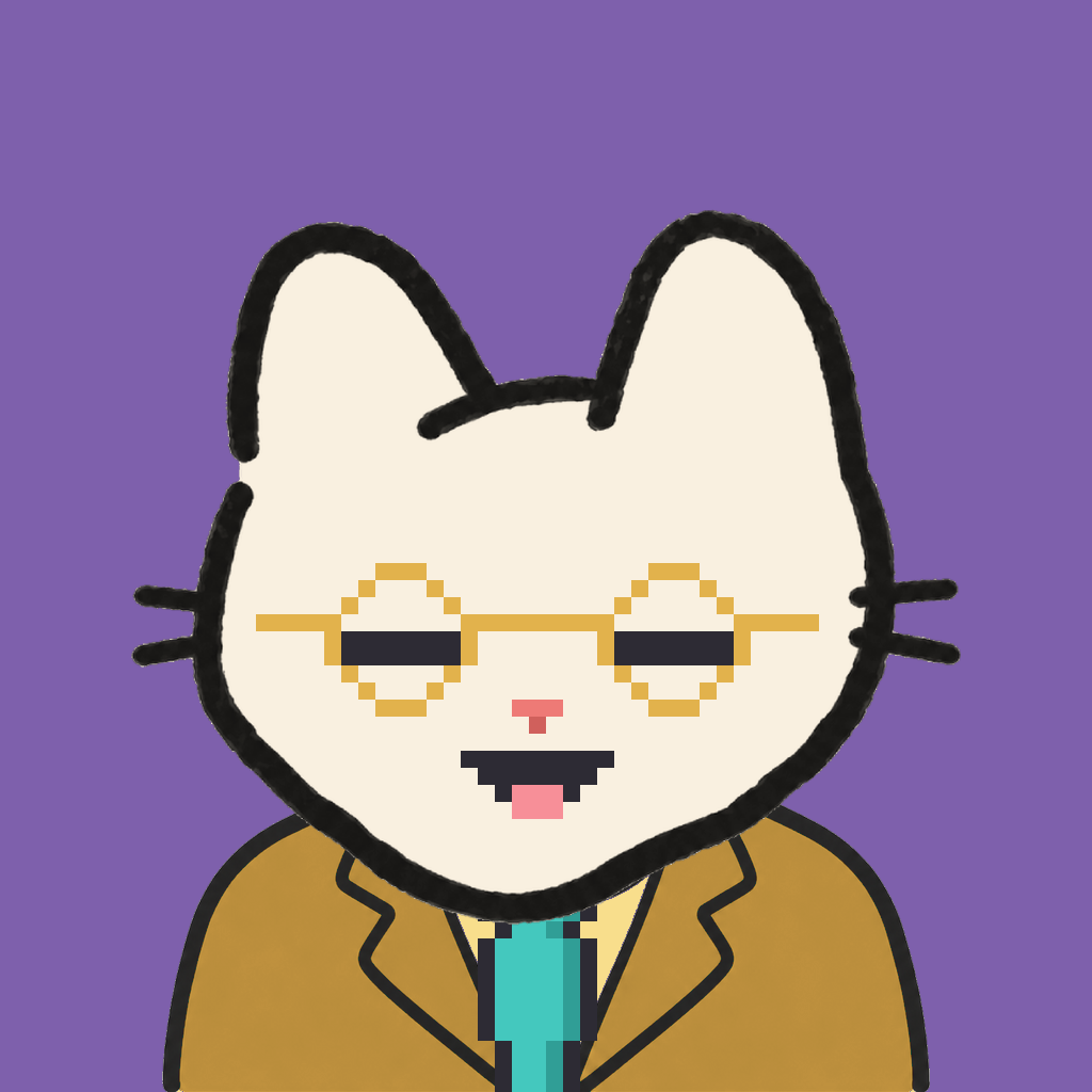Employee #1675 — a cream cat, in a mustard suit, with a teal tie, wearing round-gold glasses, on plasma violet