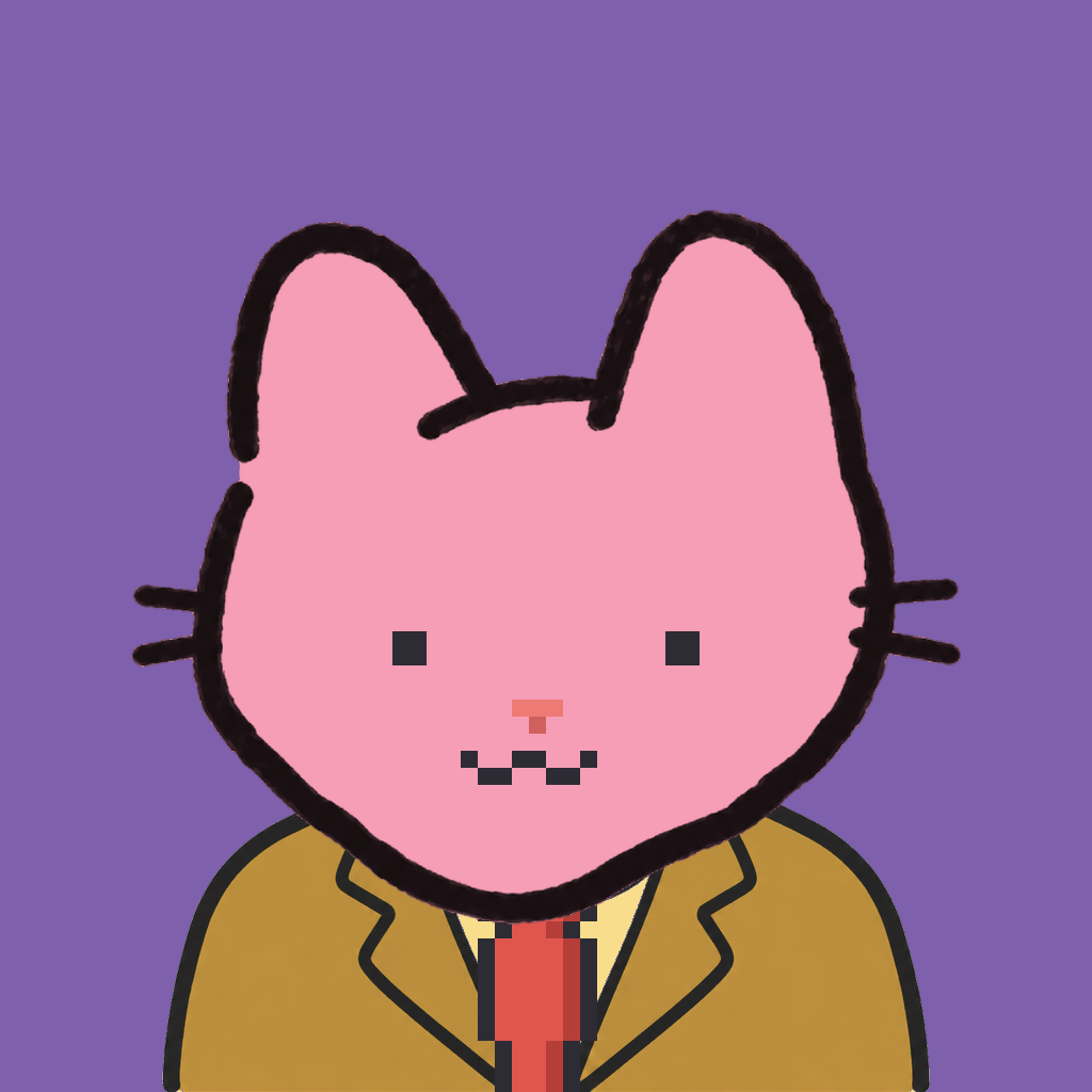 Employee #1676 — a pink cat, in a mustard suit, with a red tie, on plasma violet