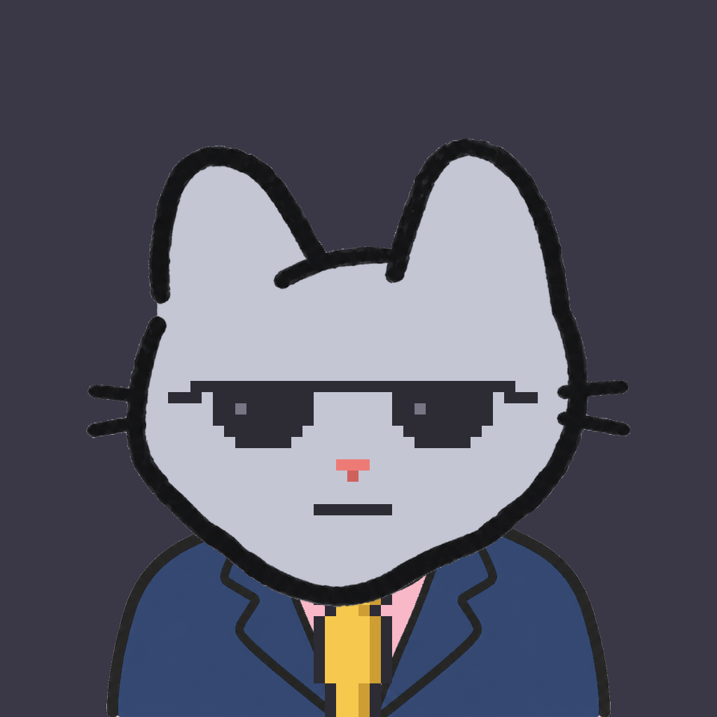 Employee #1677 — a gray cat, in a navy suit, with a gold tie, wearing shades glasses, on charcoal