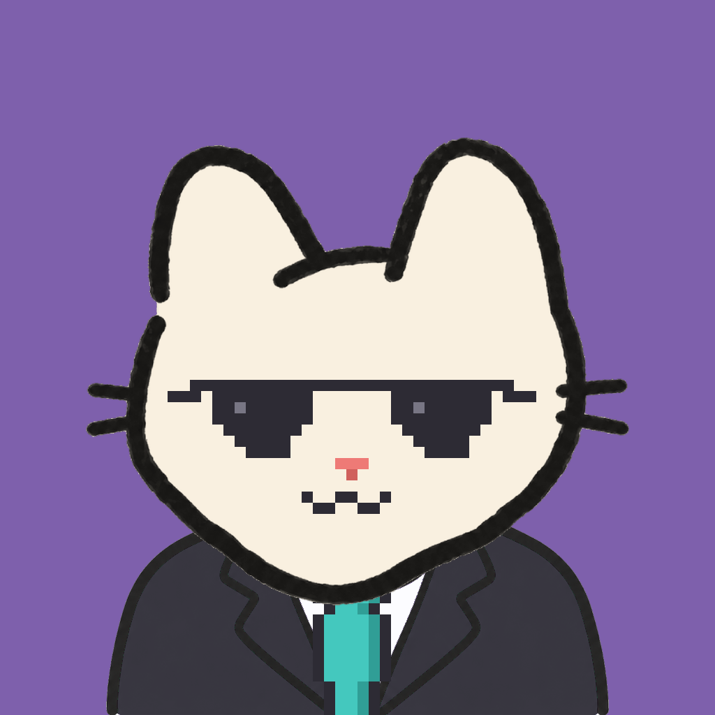 Employee #1678 — a cream cat, in a black suit, with a teal tie, wearing shades glasses, on plasma violet