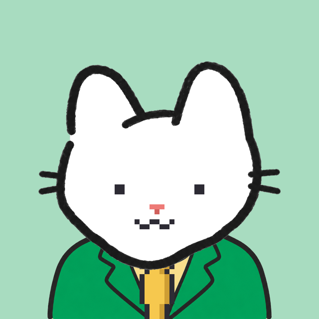 Employee #1679 — a white cat, in a green suit, with a gold tie, on mint
