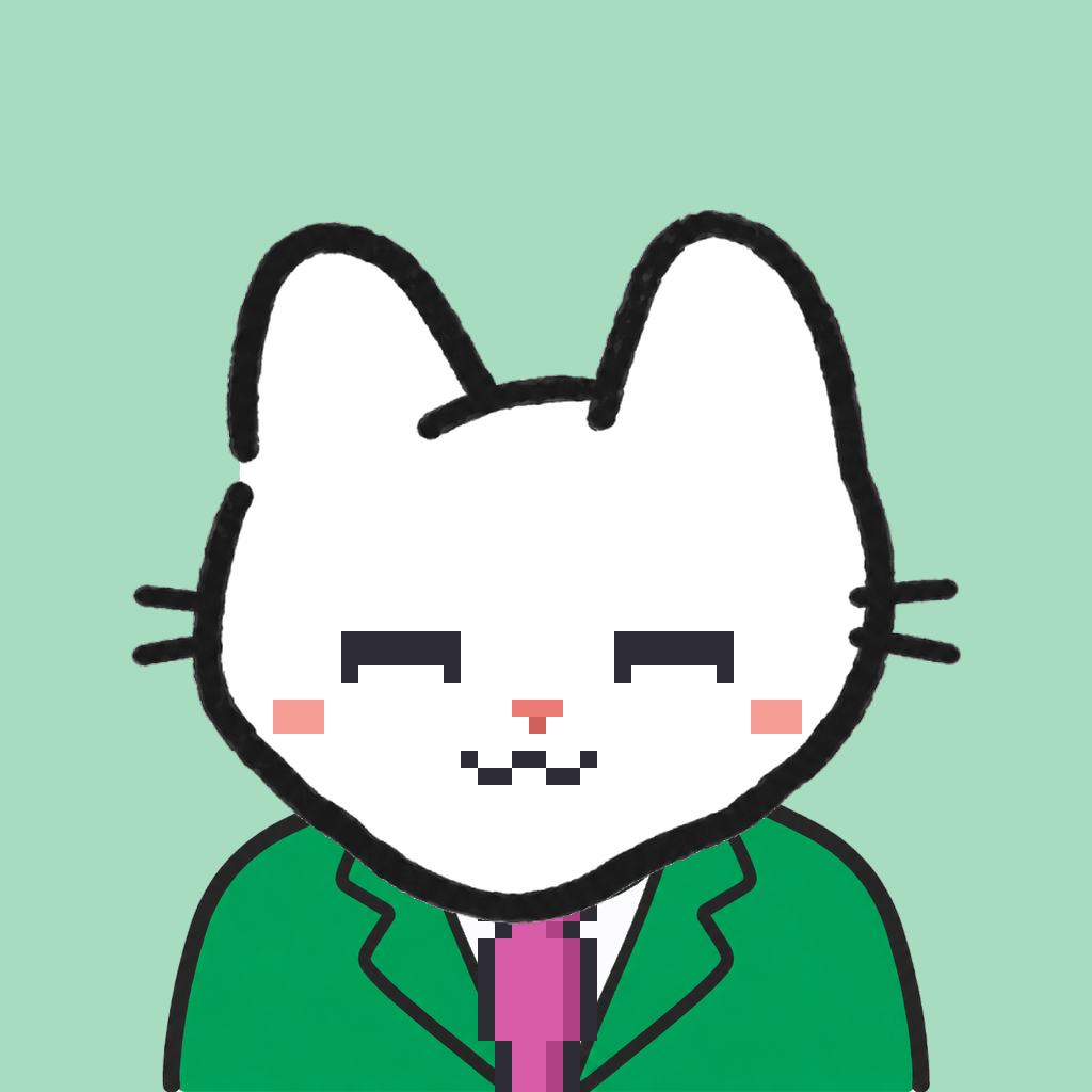 Employee #0168 — a white cat, in a green suit, with a magenta tie, on mint