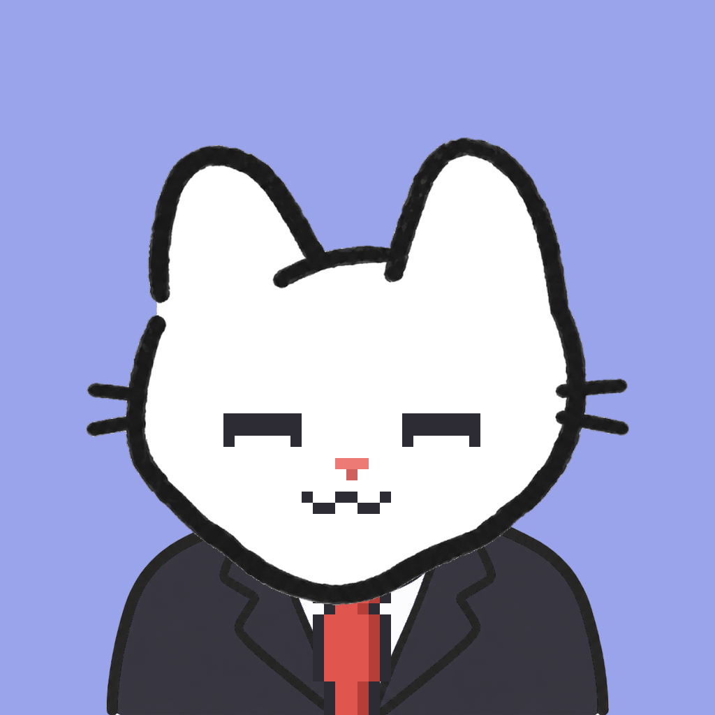 Employee #1680 — a white cat, in a black suit, with a red tie, on periwinkle