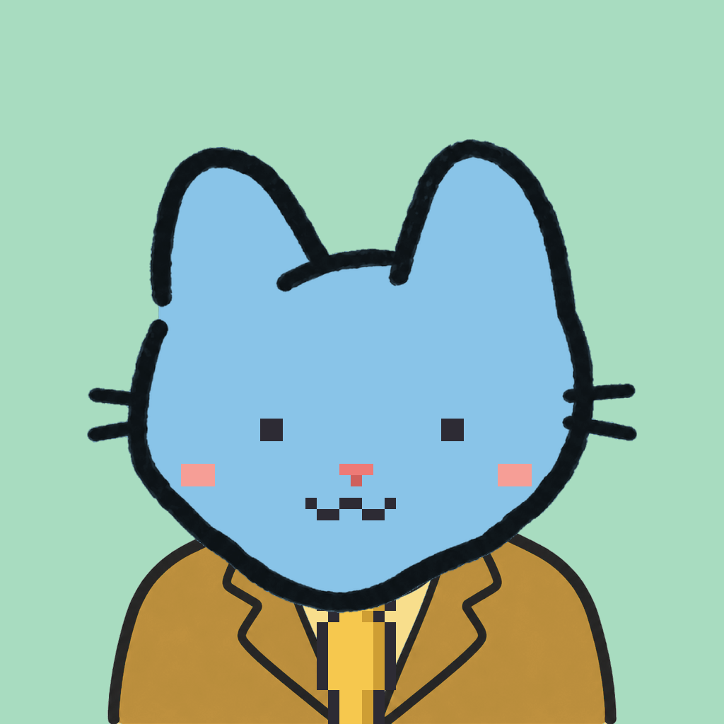 Employee #1681 — a sky cat, in a mustard suit, with a gold tie, on mint