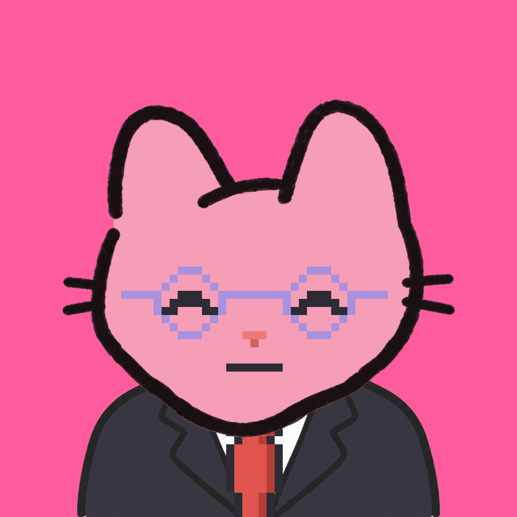 Employee #1682 — a pink cat, in a black suit, with a red tie, wearing round-lavender glasses, on hot pink