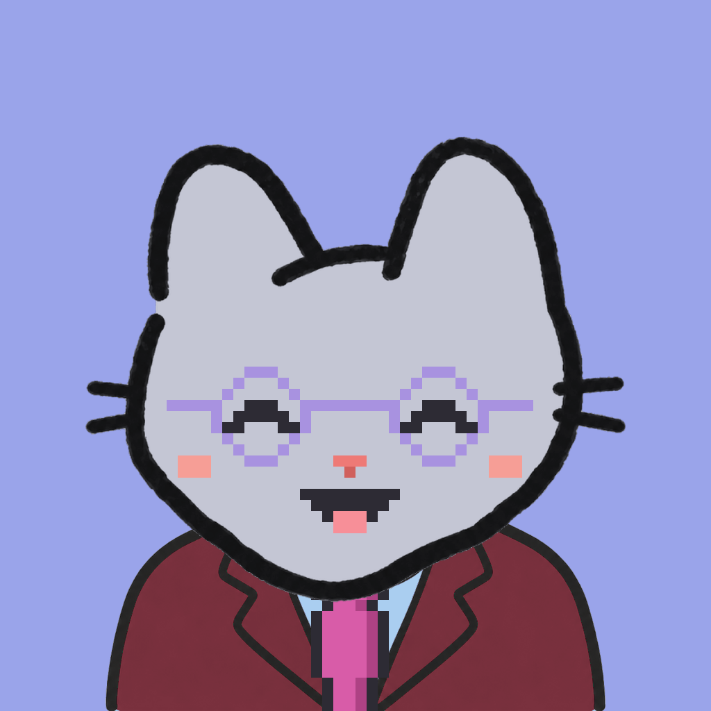 Employee #1683 — a gray cat, in a burgundy suit, with a magenta tie, wearing round-lavender glasses, on periwinkle