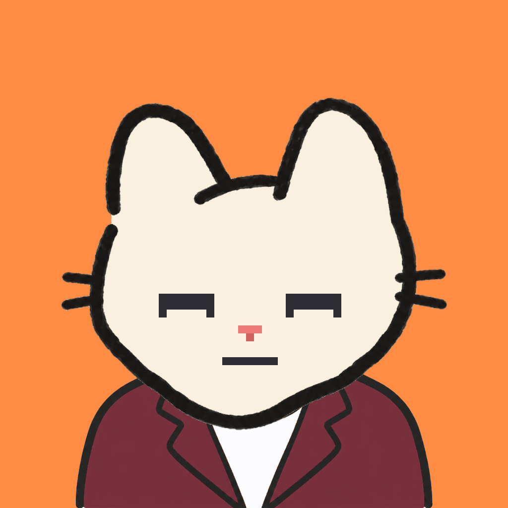 Employee #1684 — a cream cat, in a burgundy suit, on tangerine