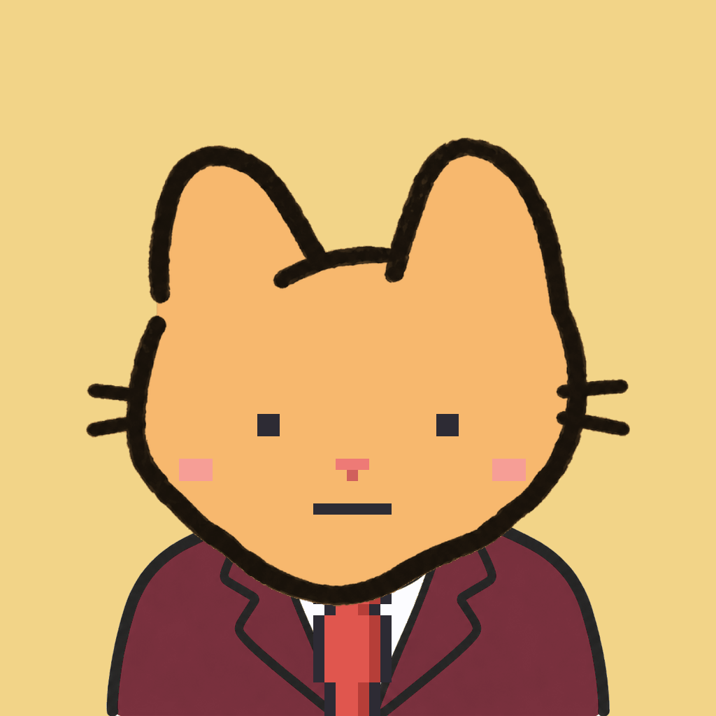 Employee #1685 — a tabby cat, in a burgundy suit, with a red tie, on butter