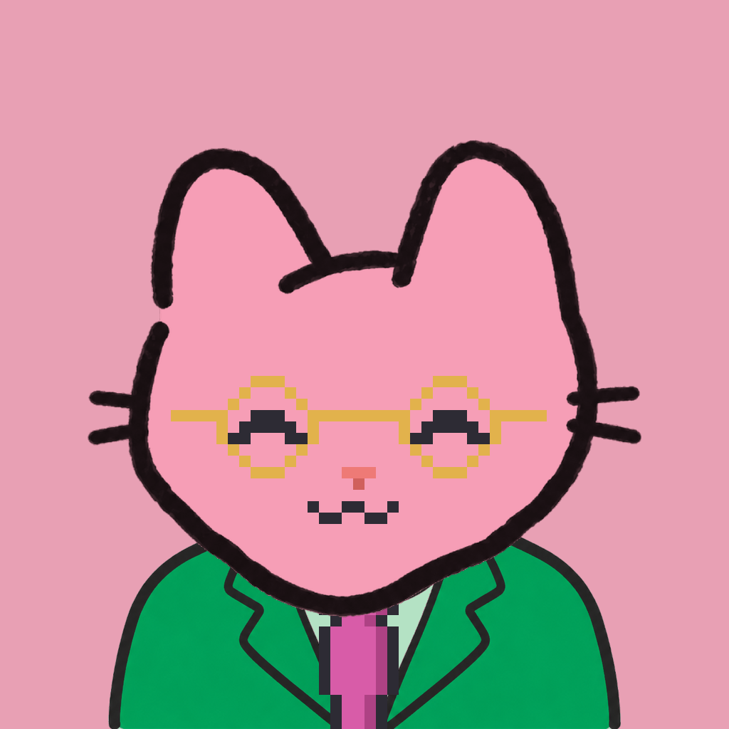 Employee #1686 — a pink cat, in a green suit, with a magenta tie, wearing round-gold glasses, on rose