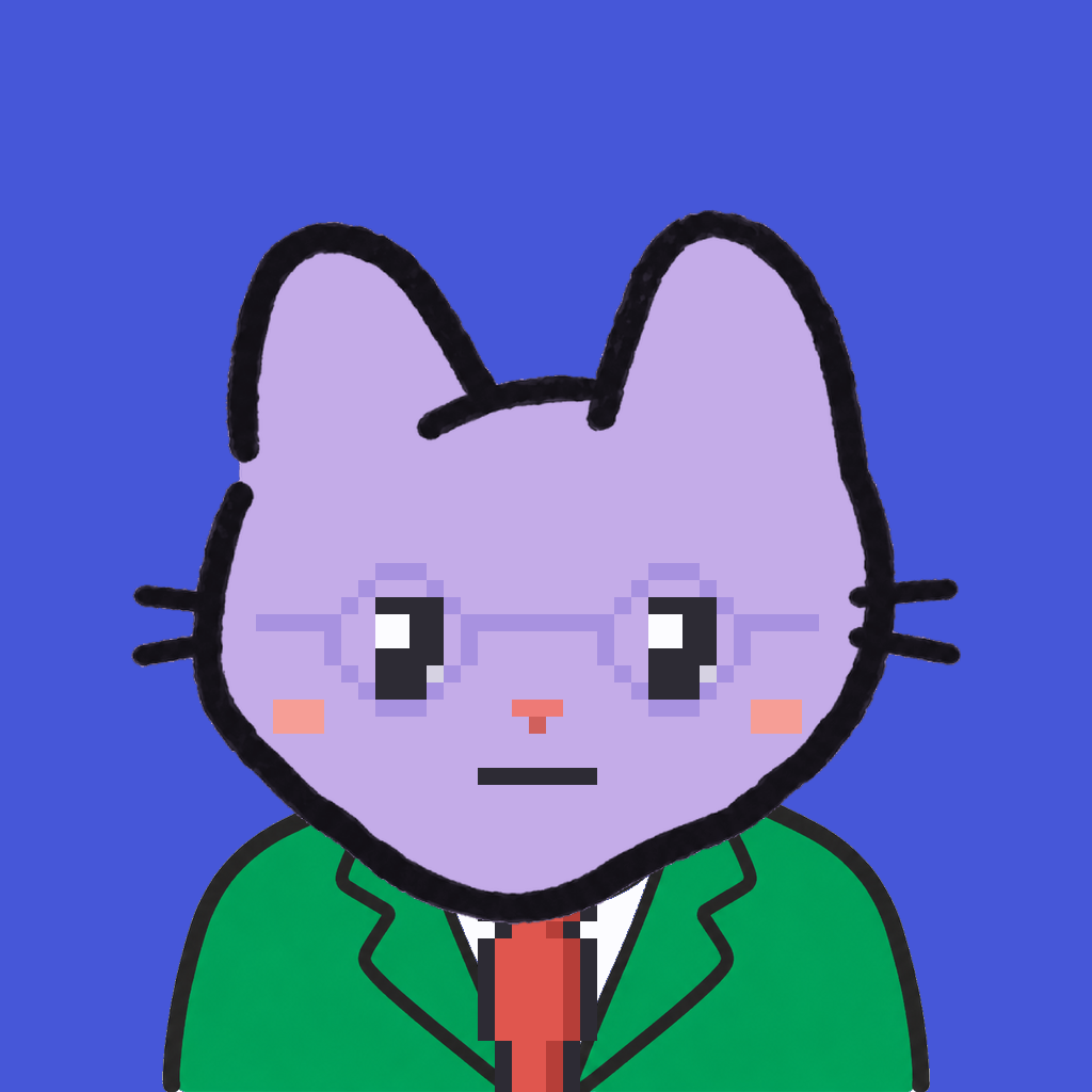Employee #1687 — a lavender cat, in a green suit, with a red tie, wearing round-lavender glasses, on royal