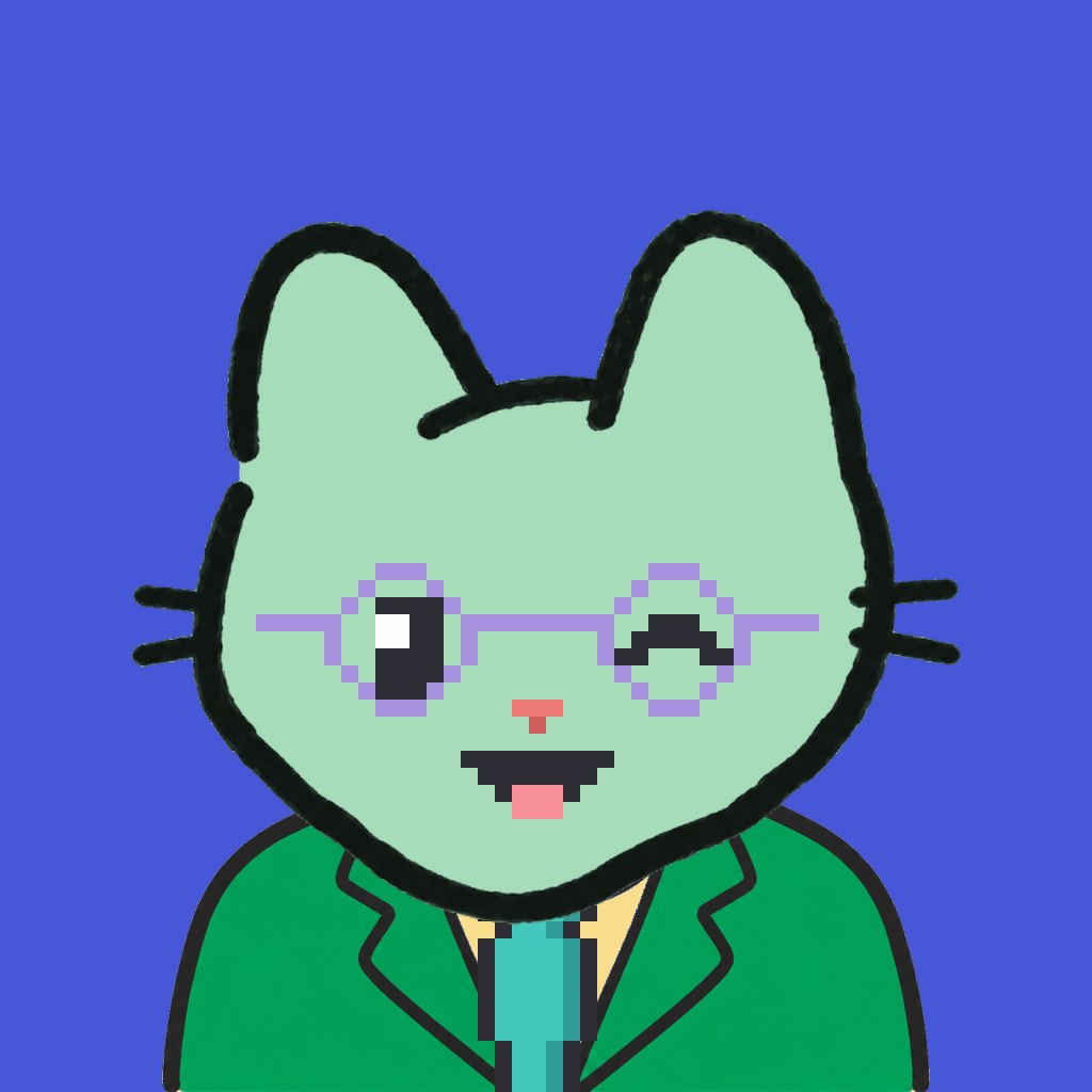 Employee #1689 — a mint cat, in a green suit, with a teal tie, wearing round-lavender glasses, on royal