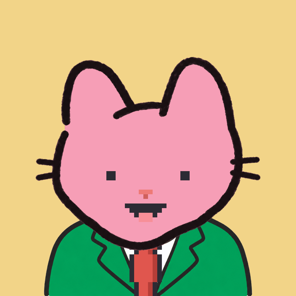 Employee #0169 — a pink cat, in a green suit, with a red tie, on butter