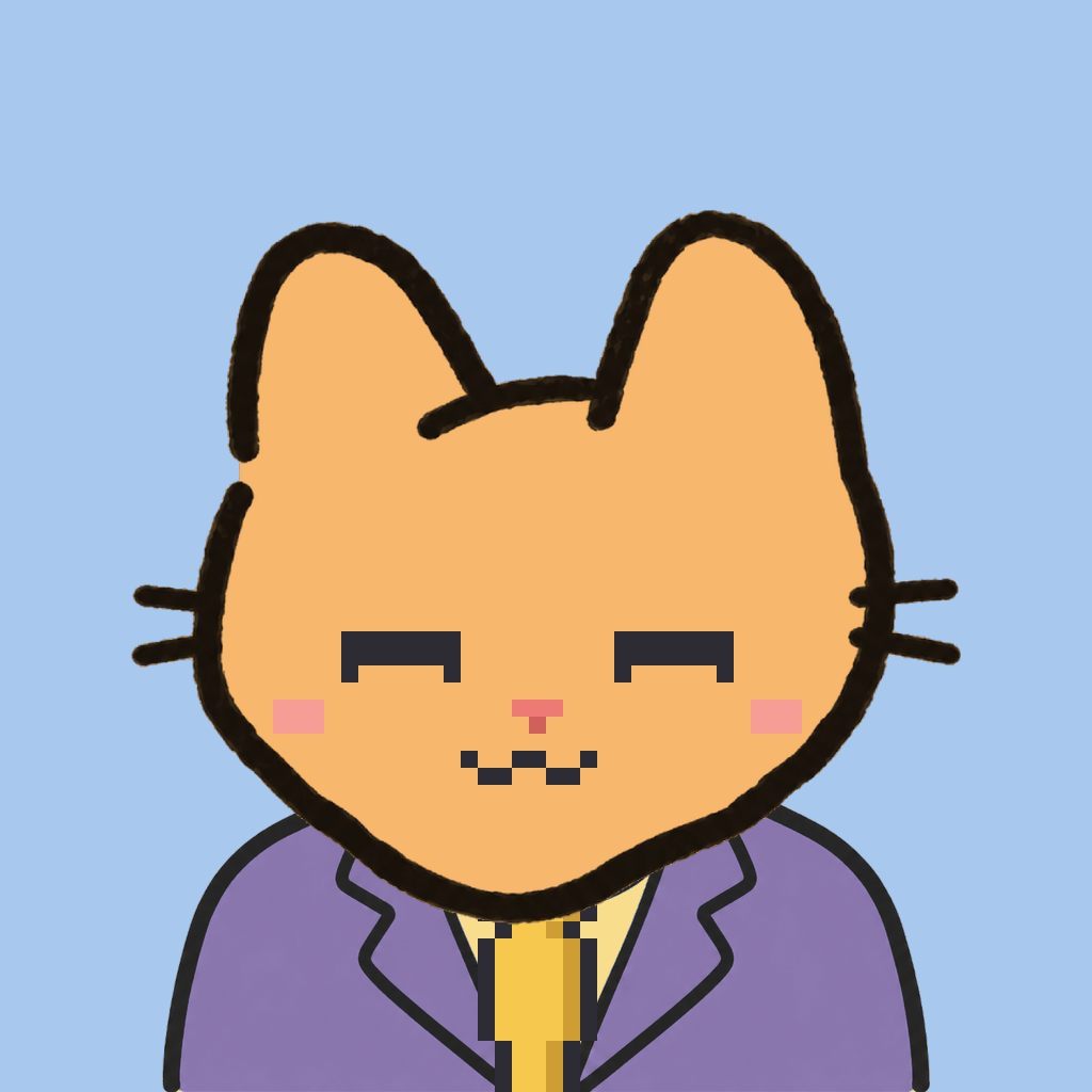 Employee #1690 — a tabby cat, in a lavender suit, with a gold tie, on sky