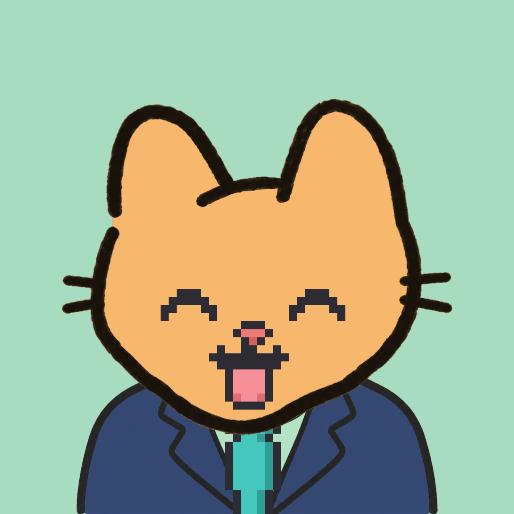 Employee #1691 — a tabby cat, in a navy suit, with a teal tie, on mint