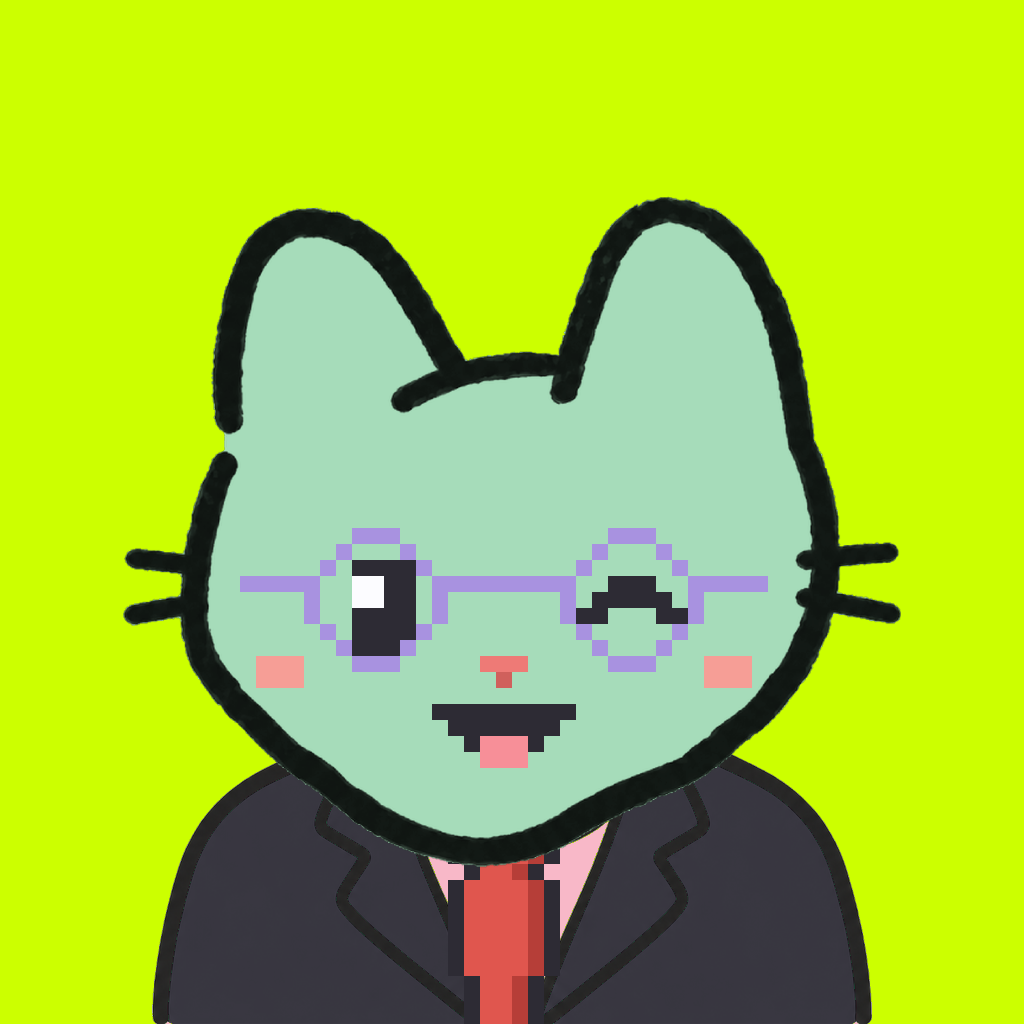 Employee #1692 — a mint cat, in a black suit, with a red tie, wearing round-lavender glasses, on volt