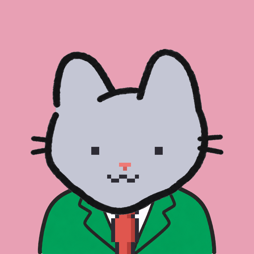 Employee #1693 — a gray cat, in a green suit, with a red tie, on rose