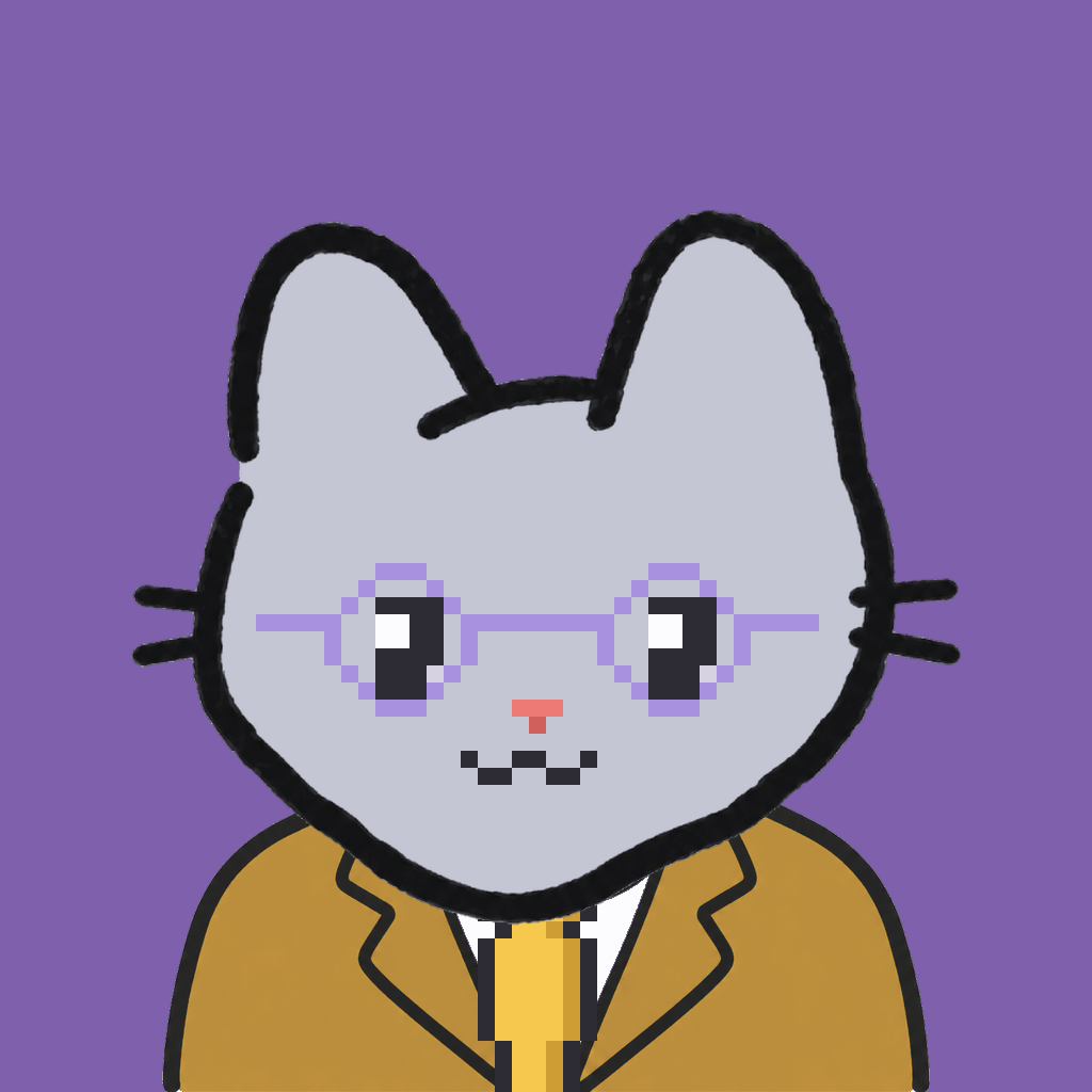 Employee #1694 — a gray cat, in a mustard suit, with a gold tie, wearing round-lavender glasses, on plasma violet