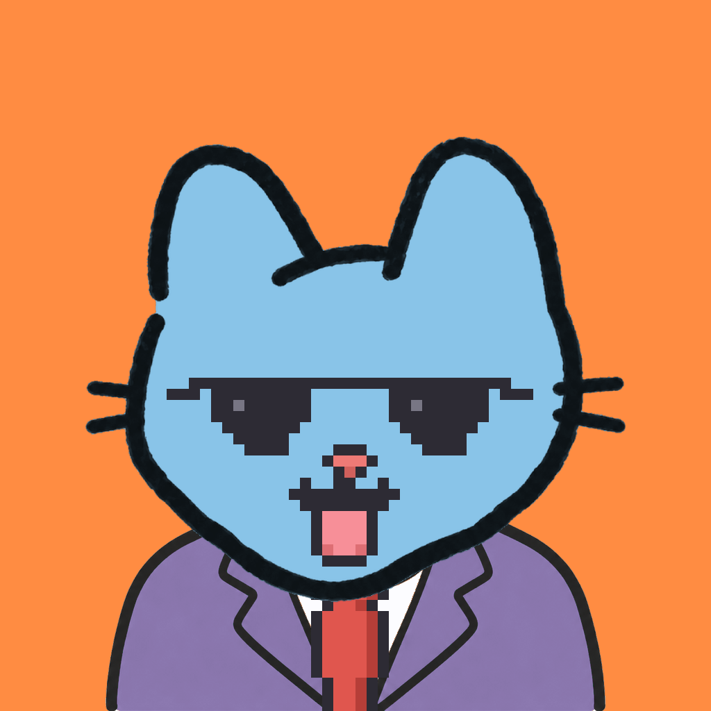 Employee #1695 — a sky cat, in a lavender suit, with a red tie, wearing shades glasses, on tangerine