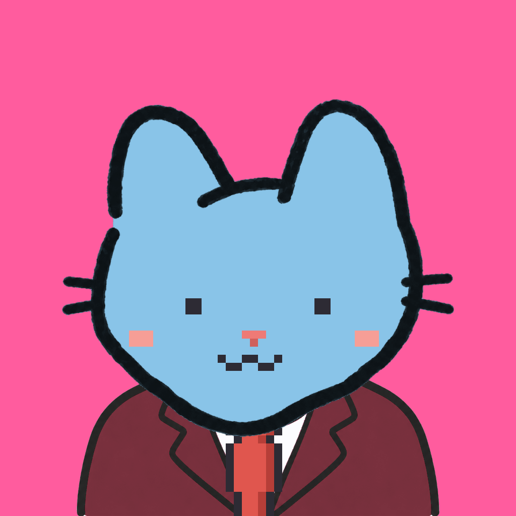 Employee #1696 — a sky cat, in a burgundy suit, with a red tie, on hot pink