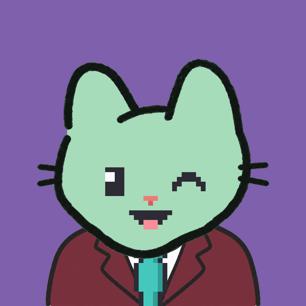 Employee #1697 — a mint cat, in a burgundy suit, with a teal tie, on plasma violet