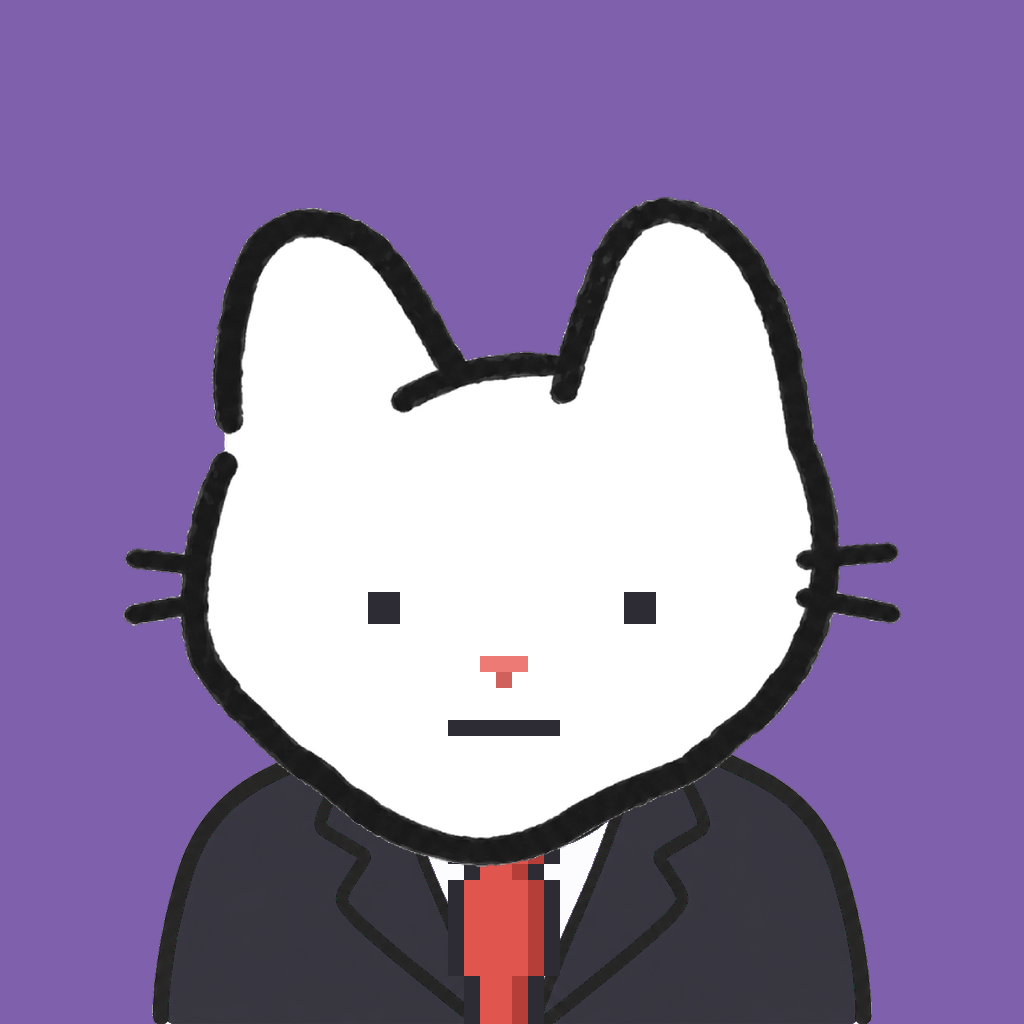 Employee #1698 — a white cat, in a black suit, with a red tie, on plasma violet