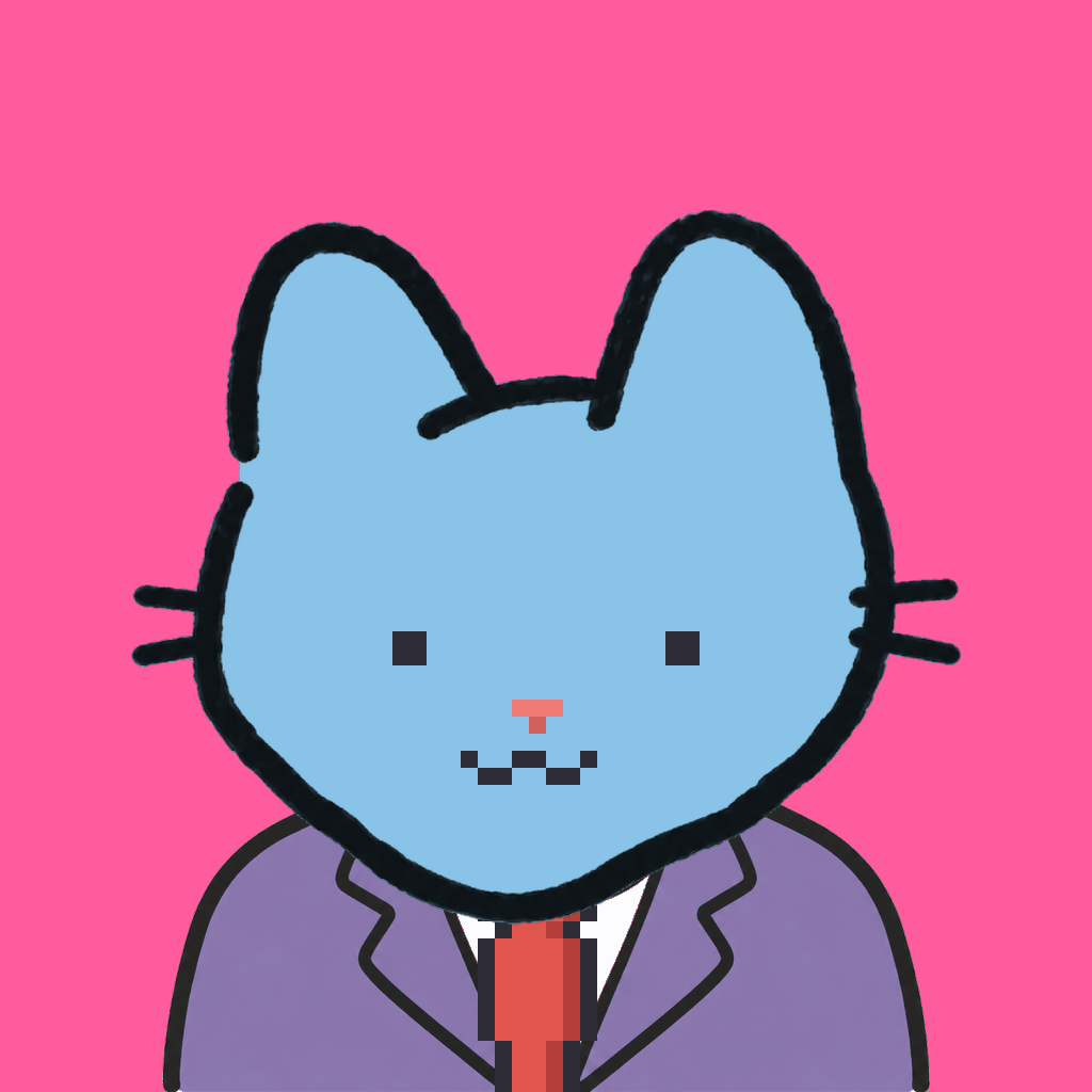 Employee #1699 — a sky cat, in a lavender suit, with a red tie, on hot pink