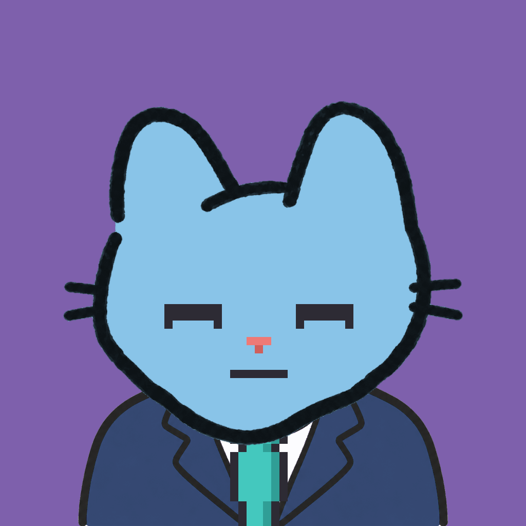 Employee #0017 — a sky cat, in a navy suit, with a teal tie, on plasma violet