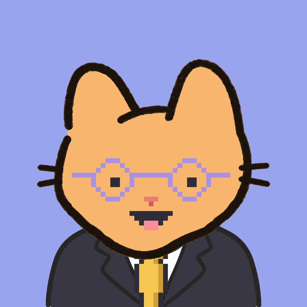 Employee #0170 — a tabby cat, in a black suit, with a gold tie, wearing round-lavender glasses, on periwinkle