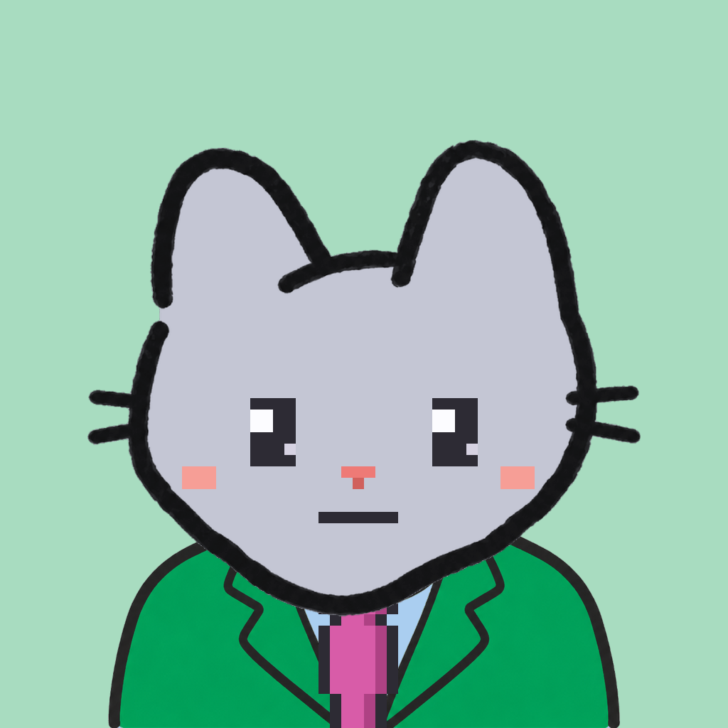 Employee #1700 — a gray cat, in a green suit, with a magenta tie, on mint