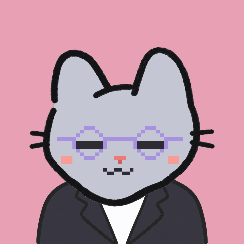Employee #1701 — a gray cat, in a black suit, wearing round-lavender glasses, on rose