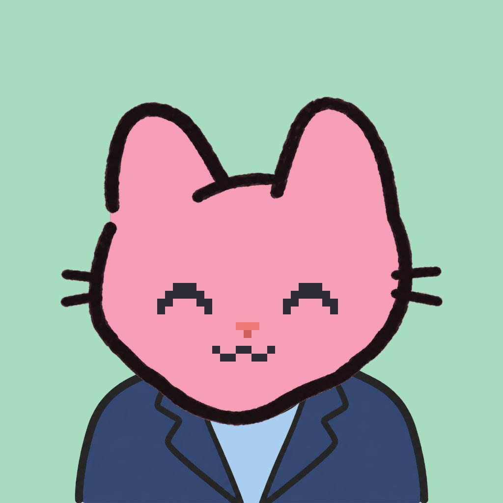 Employee #1702 — a pink cat, in a navy suit, on mint
